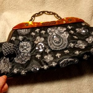 Black Satin  Beaded Evening Bag with a Tortoise  Shell top and gold handle